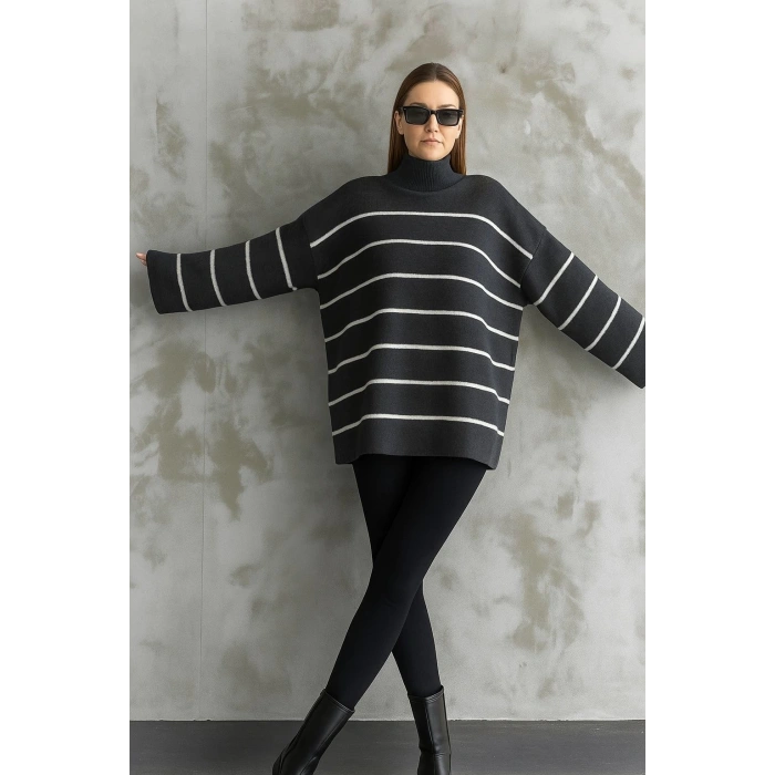 petite ateiler Çizgili ispanyol kol triko boğazlı kazak antrasit elf