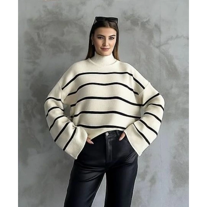 petite ateiler Çizgili ispanyol kol triko boğazlı kazak beyaz elf