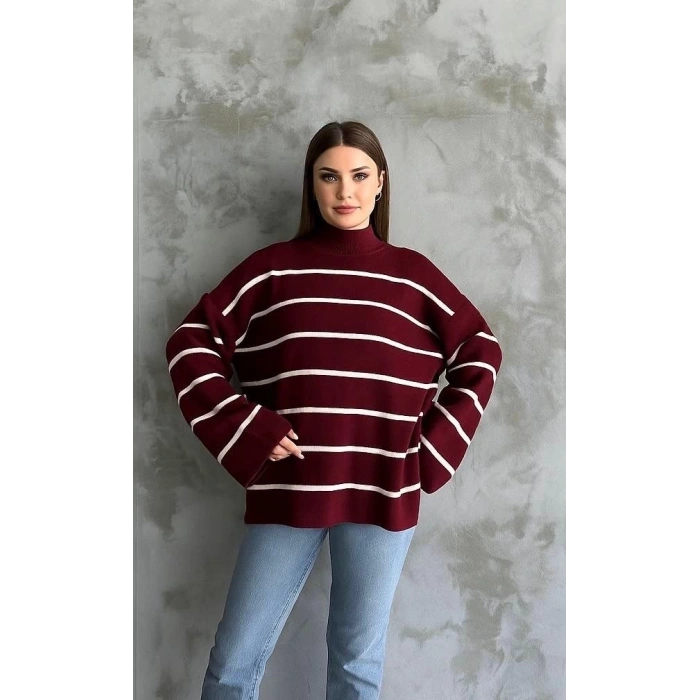 petite ateiler Çizgili ispanyol kol triko boğazlı kazak bordo elf