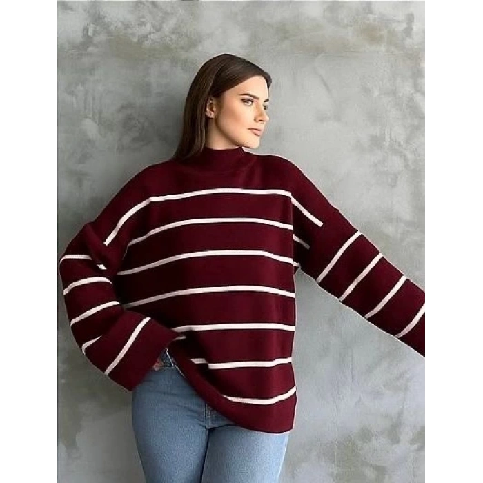 petite ateiler Çizgili ispanyol kol triko boğazlı kazak bordo elf