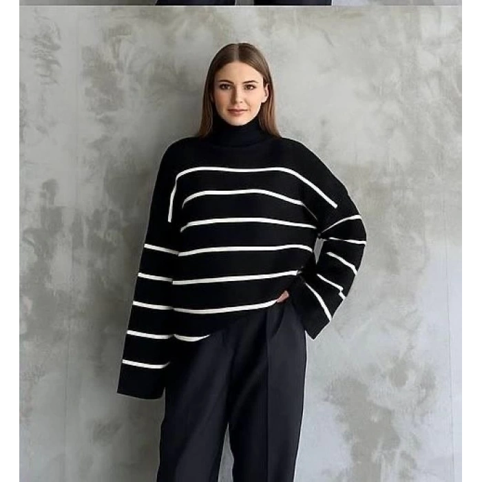 petite ateiler Çizgili ispanyol kol triko boğazlı kazak siyah elf
