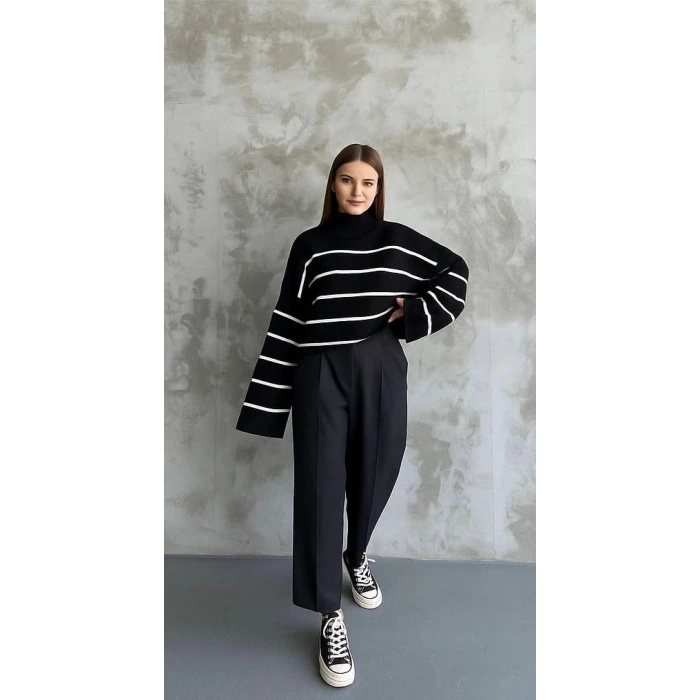 petite ateiler Çizgili ispanyol kol triko boğazlı kazak siyah elf