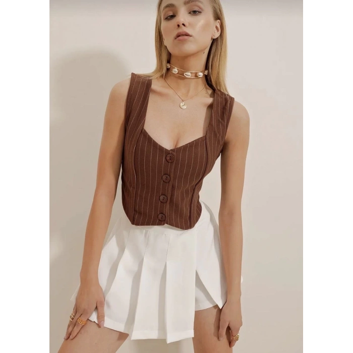 petite ateiler Çizgili krep düğmeli yelek kahve s3395