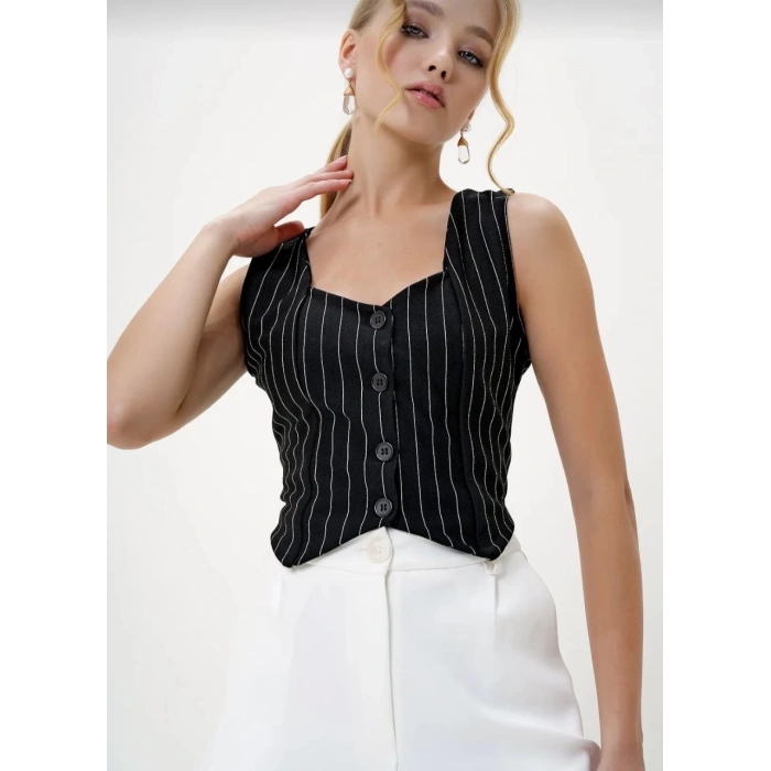 petite ateiler Çizgili krep düğmeli yelek siyah s3395