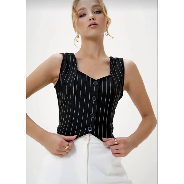 petite ateiler Çizgili krep düğmeli yelek siyah s3395