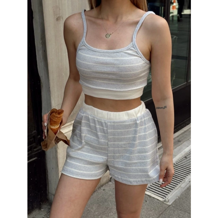 petite ateiler Çizgili şortlu takım gri s3978