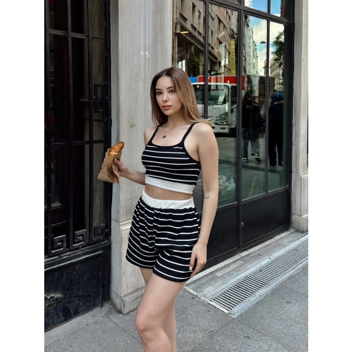 petite ateiler Çizgili şortlu takım siyah s3978
