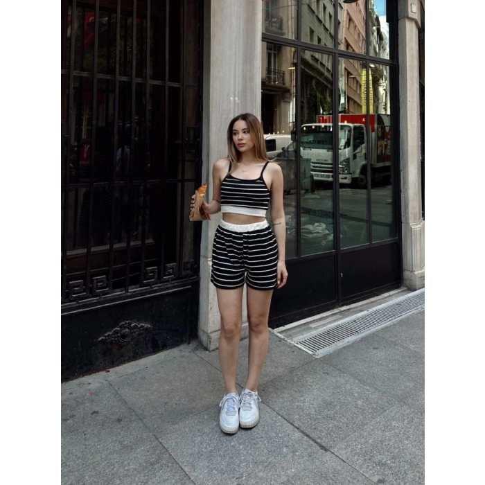 petite ateiler Çizgili şortlu takım siyah s3978