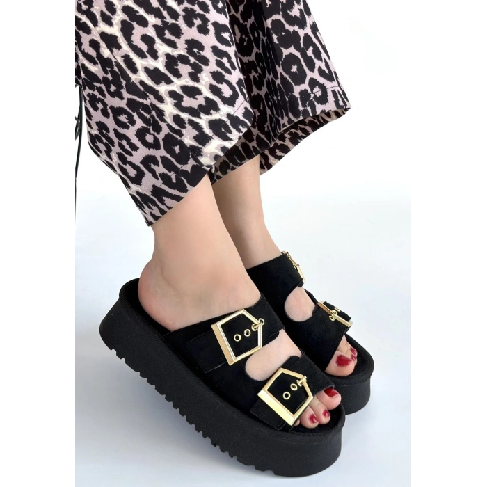 petite ateiler Coer Siyah Süet Çift Tokalı Terlik