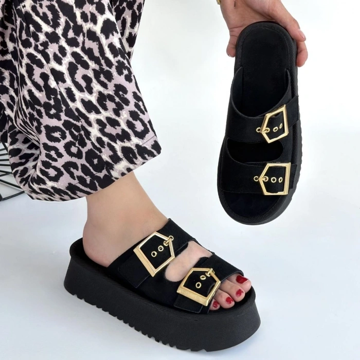 petite ateiler Coer Siyah Süet Çift Tokalı Terlik