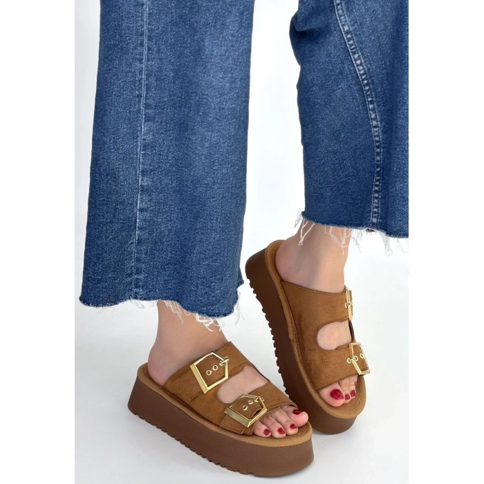 petite ateiler Coer Taba Süet Çift Tokalı Terlik