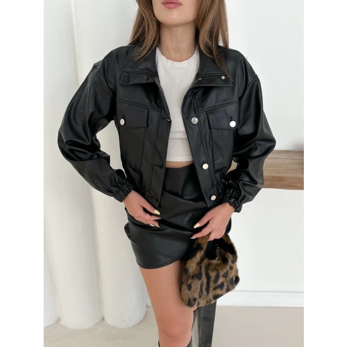 petite ateiler Crop bomber deri ceket siyah st2551985