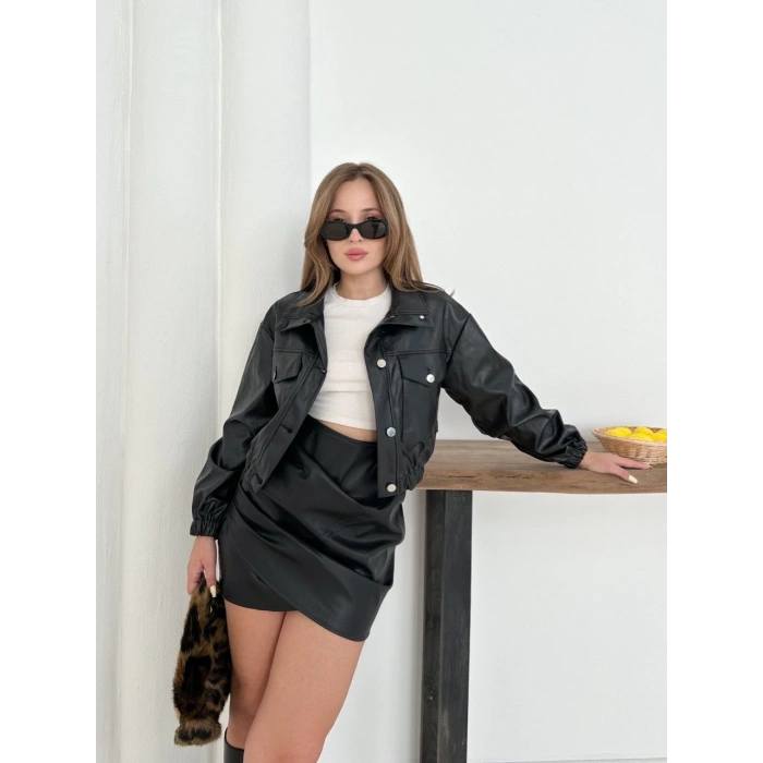 petite ateiler Crop bomber deri ceket siyah st2551985