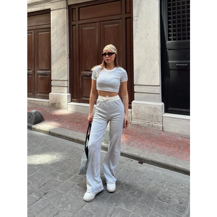 petite ateiler Crop pantolon biyeli takım gri