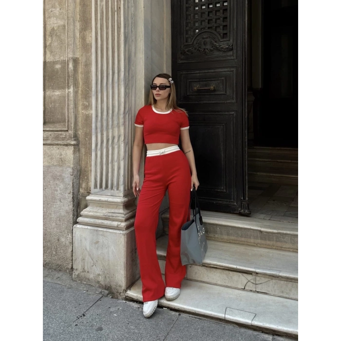 petite ateiler Crop pantolon biyeli takım kırmızı