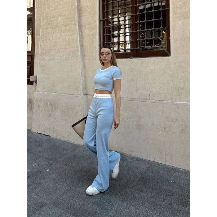 petite ateiler Crop pantolon biyeli takım mavi