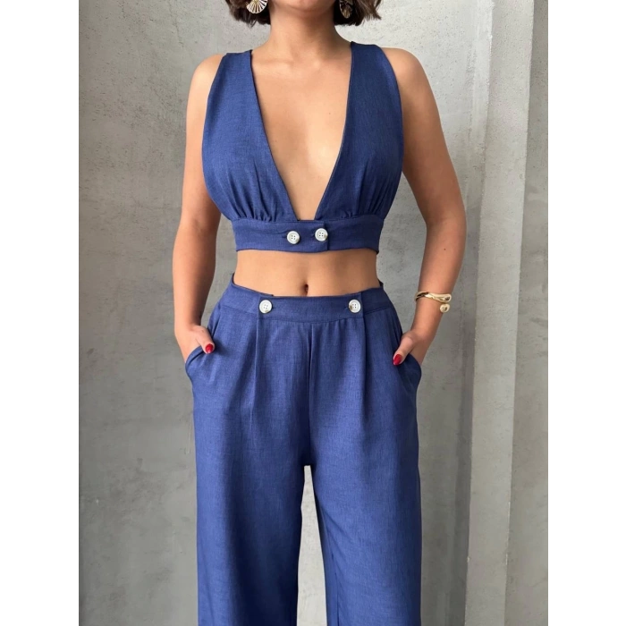 petite ateiler Crop pantolon keten takım s255012