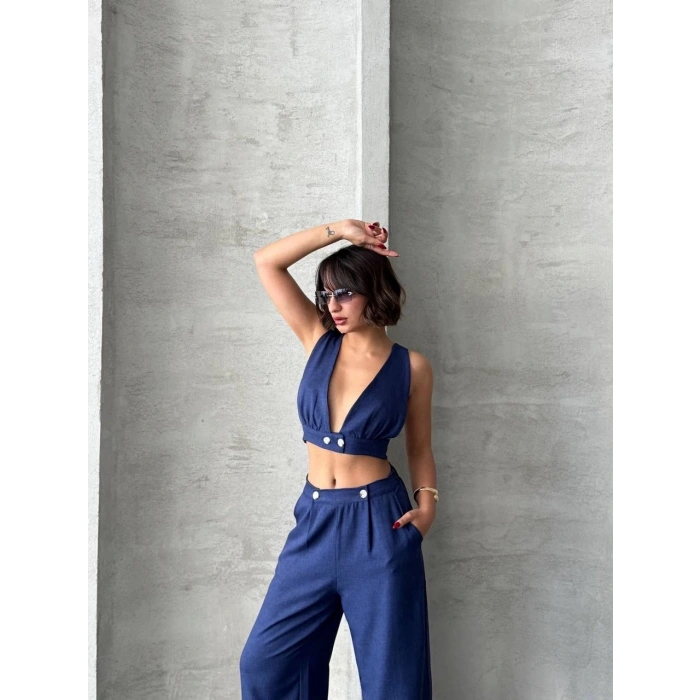 petite ateiler Crop pantolon keten takım s255012