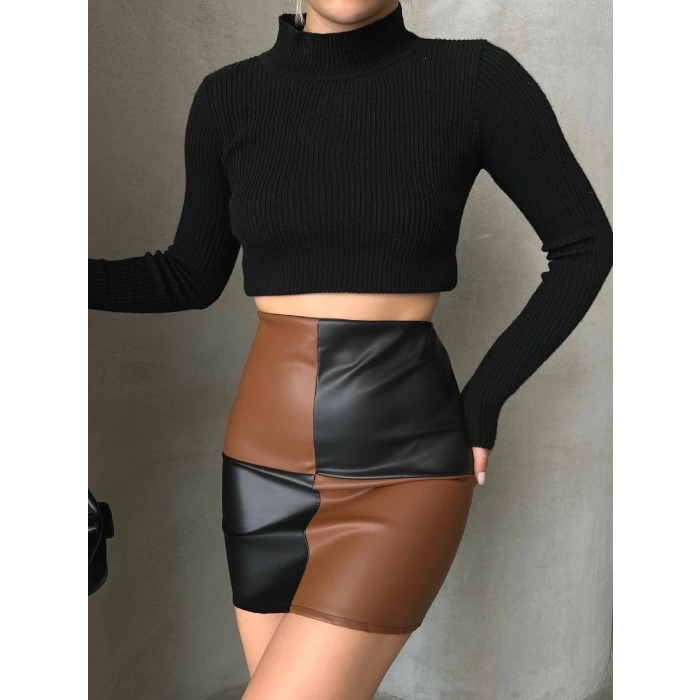 petite ateiler Damalı deri etek siyah kahve w24648