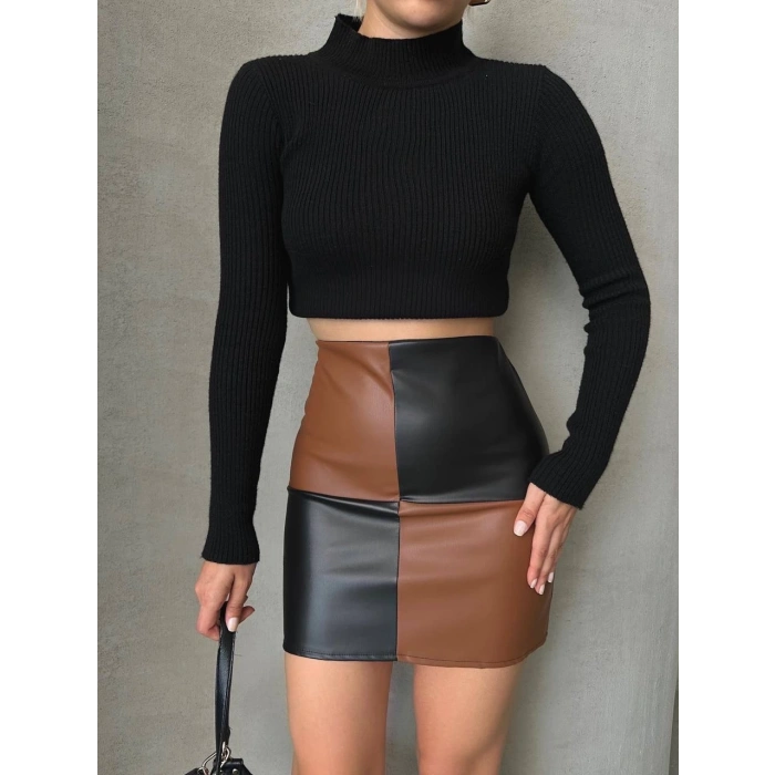 petite ateiler Damalı deri etek siyah kahve w24648