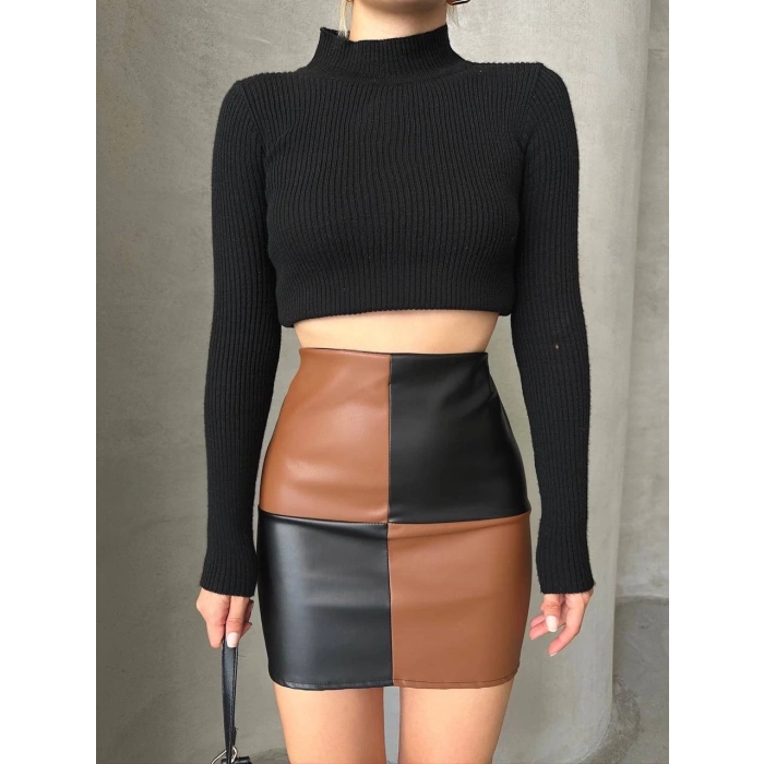 petite ateiler Damalı deri etek siyah kahve w24648