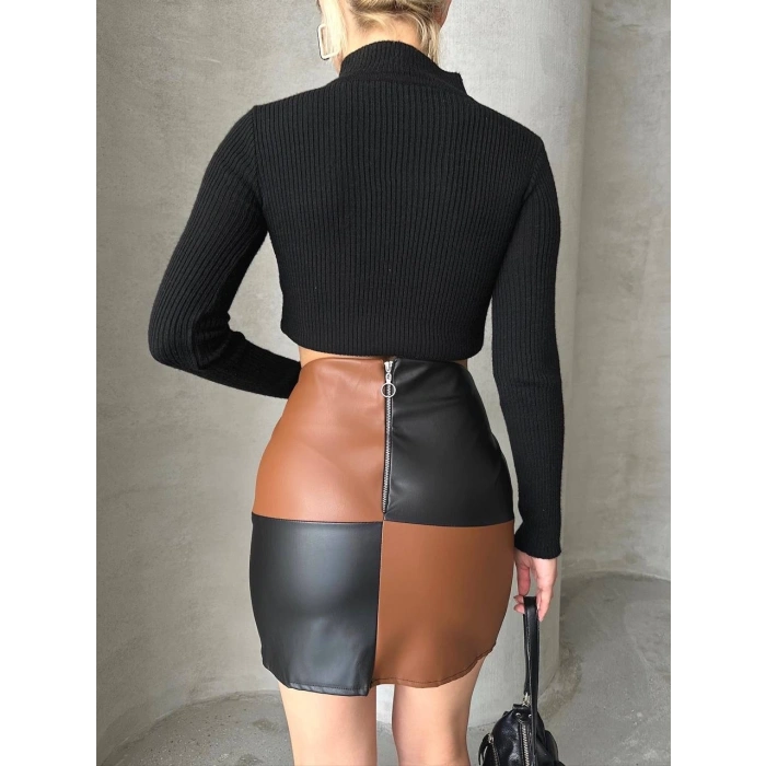 petite ateiler Damalı deri etek siyah kahve w24648