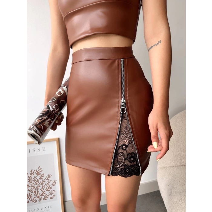 petite ateiler Dantelli fermuarlı deri etek kahve w24598