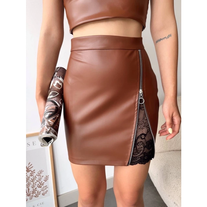 petite ateiler Dantelli fermuarlı deri etek kahve w24598