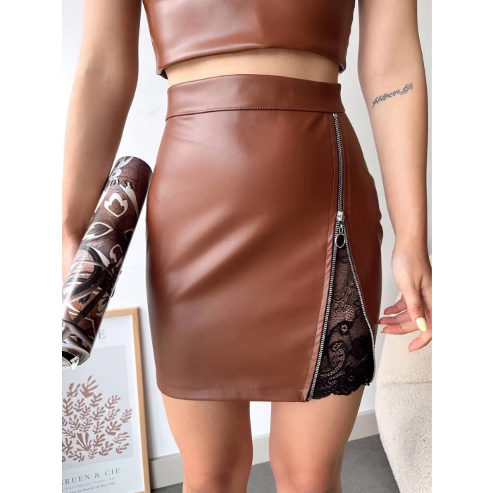 petite ateiler Dantelli fermuarlı deri etek kahve w24598