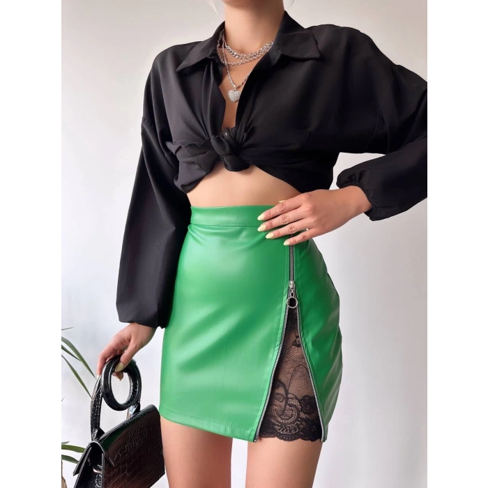 petite ateiler Dantelli fermuarlı deri etek yeşil w24598