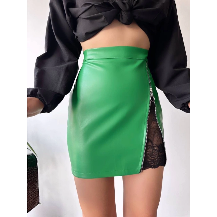 petite ateiler Dantelli fermuarlı deri etek yeşil w24598