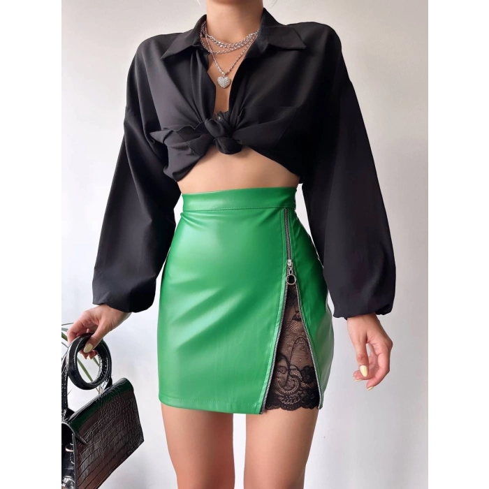 petite ateiler Dantelli fermuarlı deri etek yeşil w24598