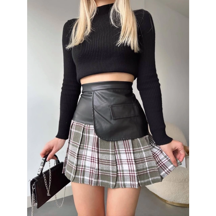 petite ateiler Deri garnili cepli ekose etek siyah s24604