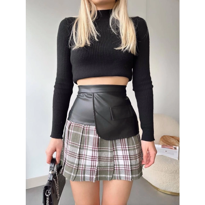 petite ateiler Deri garnili cepli ekose etek siyah s24604