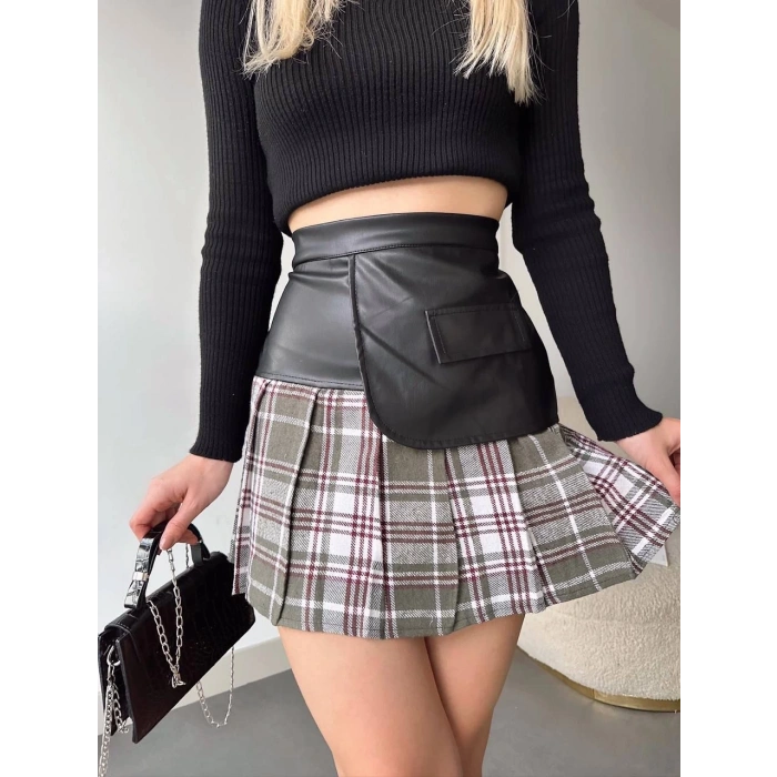 petite ateiler Deri garnili cepli ekose etek siyah s24604