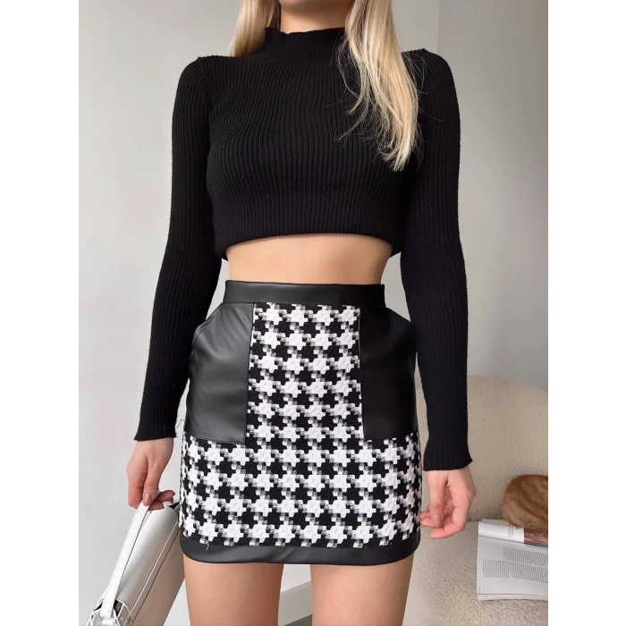 petite ateiler Deri garnili kaz ayağı kaşe etek siyah h24604