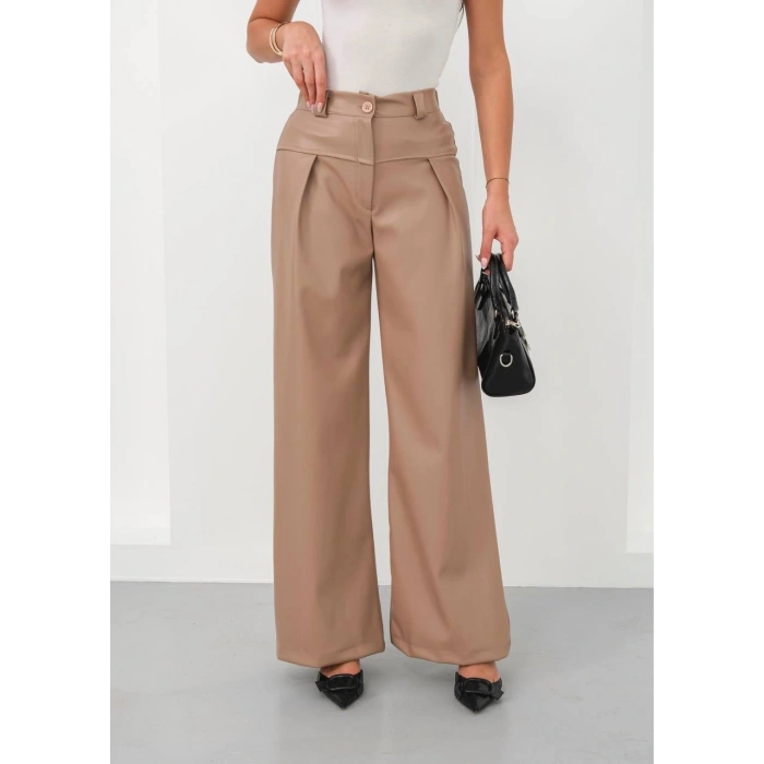 petite ateiler Deri geniş paça beli lastikli pantolon bej h263644