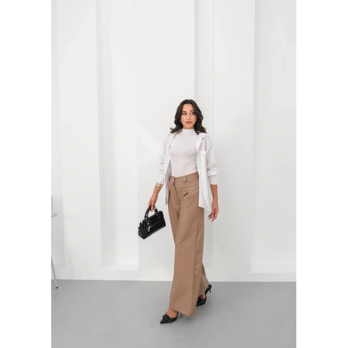 petite ateiler Deri geniş paça beli lastikli pantolon bej h263644