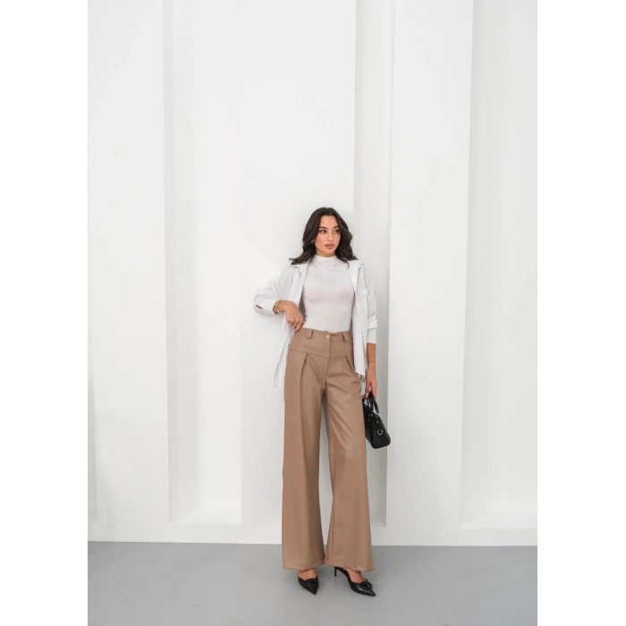 petite ateiler Deri geniş paça beli lastikli pantolon bej h263644