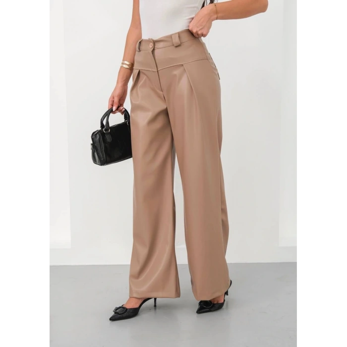 petite ateiler Deri geniş paça beli lastikli pantolon bej h263644