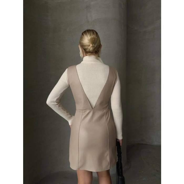 petite ateiler Deri jile elbise bej w24796