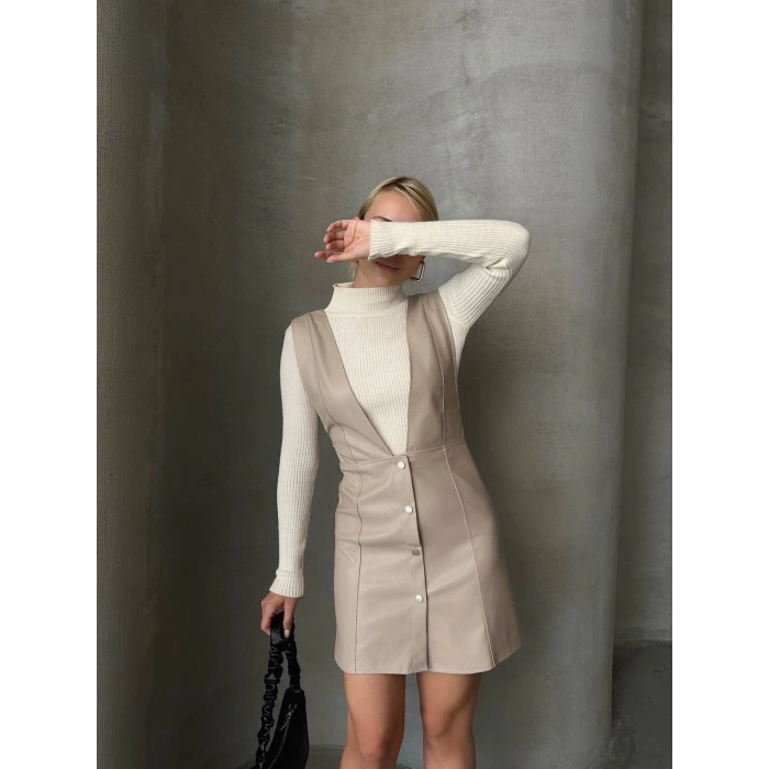 petite ateiler Deri jile elbise bej w24796