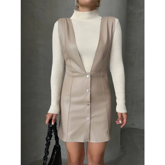 petite ateiler Deri jile elbise bej w24796