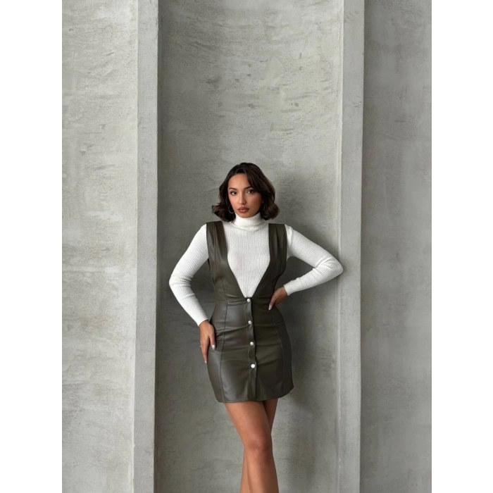 petite ateiler Deri jile elbise haki w24796