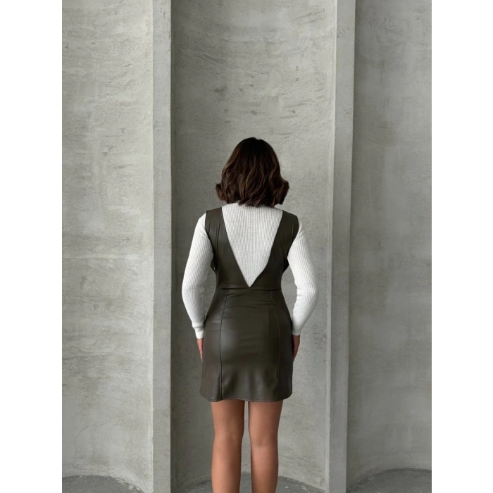 petite ateiler Deri jile elbise haki w24796