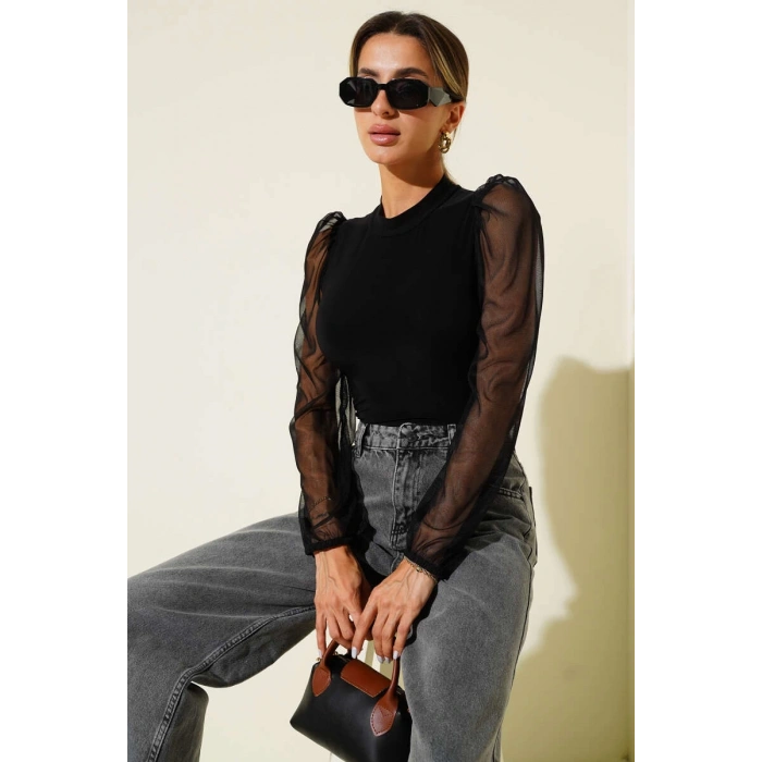 petite ateiler Dik yaka tül kollu bluz siyah t3066