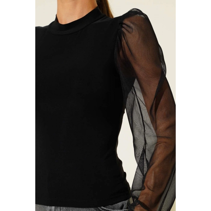 petite ateiler Dik yaka tül kollu bluz siyah t3066