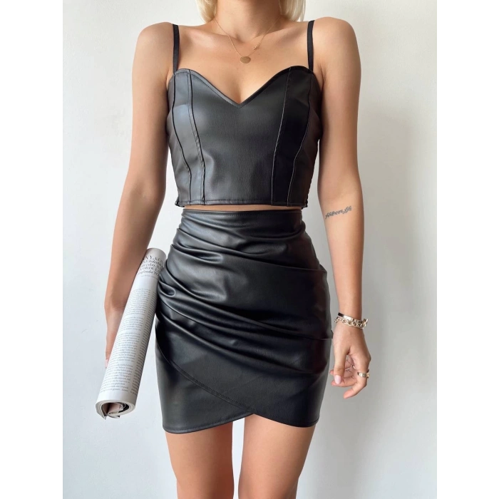 petite ateiler Drapeli deri etek siyah w26771