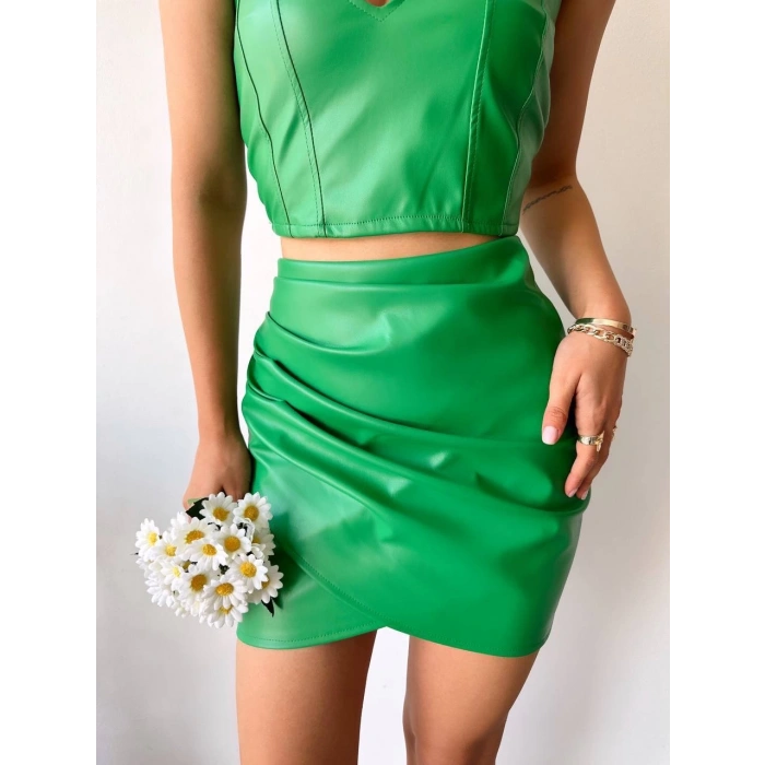 petite ateiler Drapeli deri etek yeşil s24771