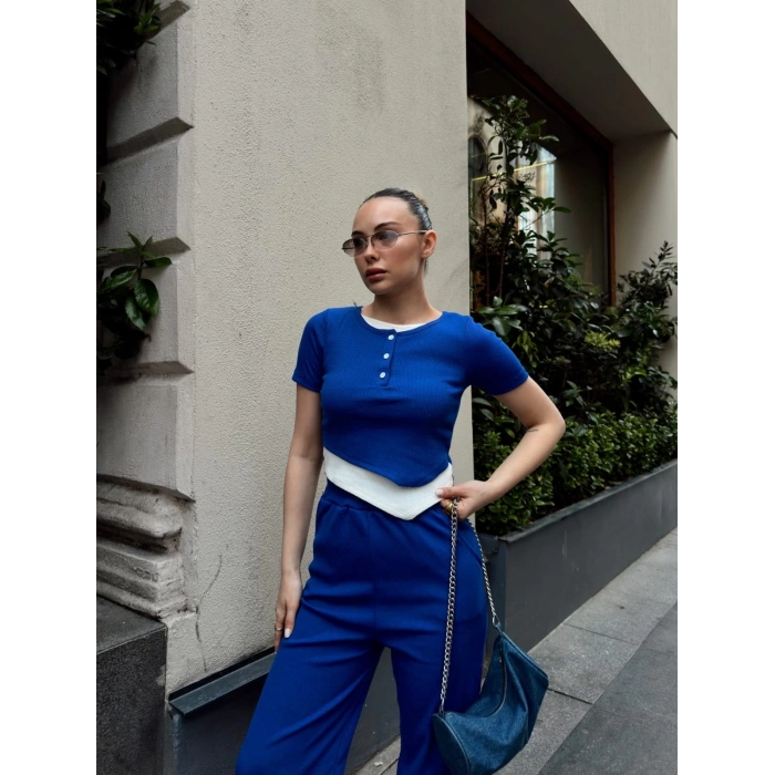 petite ateiler Düğme yakalı saks alt üst takım s3943